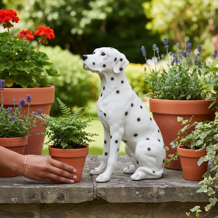 Wonderland Sitting White and Black Spotted Puppy Dog Statue – Realistic Decorative Toy for Home, Garden, Balcony, and Office Décor- 6x4x7.5 inch