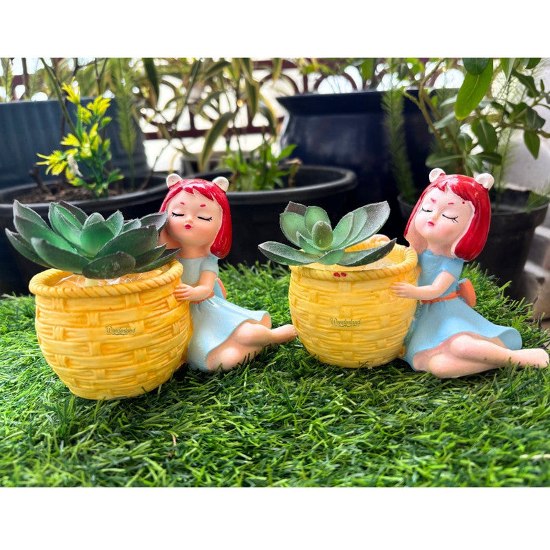Wonderland Dreamy Girl Succulent Planter – Set of 2 Cute Resin Flower Pots for Indoor Plants, Home Decor, and Gifting