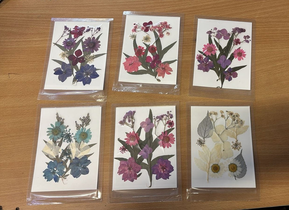 "Six handmade pressed flower cards displayed on a light wooden table next to a succulent plant and a small brass watering can."
