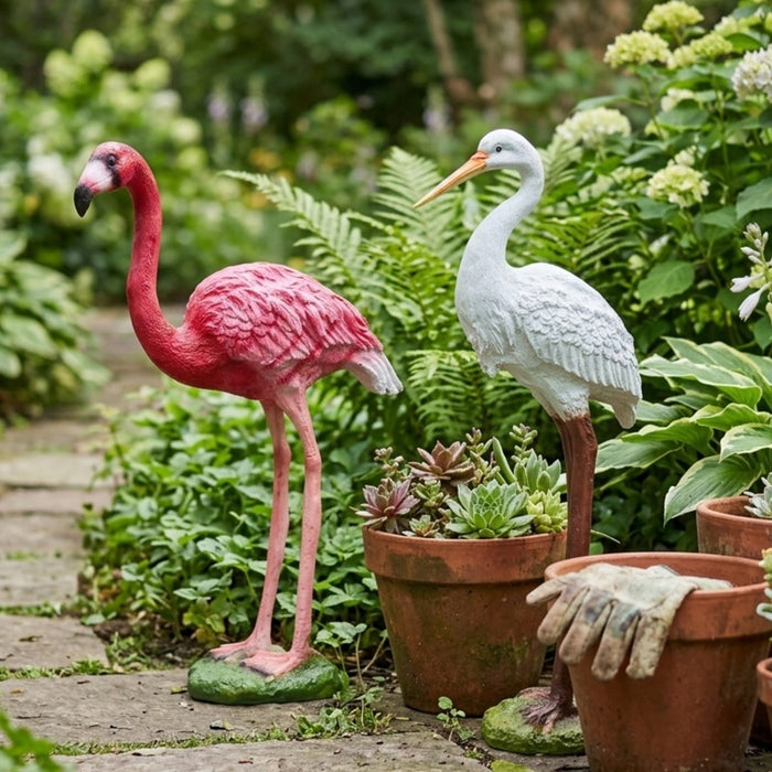 Elegant Crane and Pink Flamingo Garden Statue Set – Weather-Resistant Outdoor Resin Bird Sculptures for Lawn, Patio, and Landscape Decor