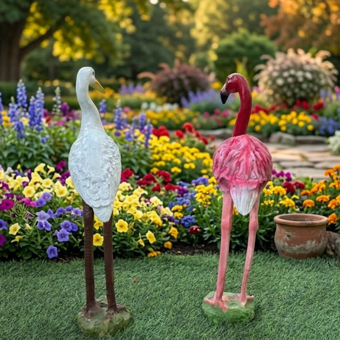 Elegant Crane and Pink Flamingo Garden Statue Set – Weather-Resistant Outdoor Resin Bird Sculptures for Lawn, Patio, and Landscape Decor