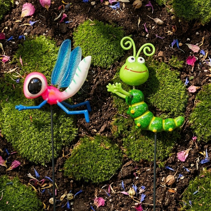 Set of 2 Whimsical Metal Insect Garden Stakes