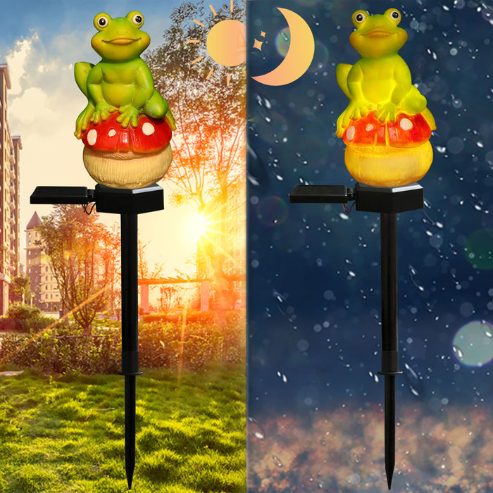 Solar Powered Frog on Mushroom Garden Stakes – Set of 2 Waterproof Outdoor LED Decorative Path Lights for Lawn, Patio, and Yard Decor