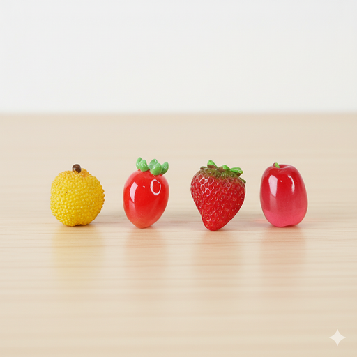 Four pieces of colorful fruit, including a yellow spiky fruit (possibly rambutan or durian), a stylized red strawberry candy or gel, a realistic red strawberry, and a glossy red water apple or jambu.miniature set