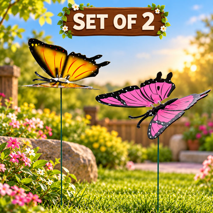 Big Butterfly Garden Sticks Pink & Yellow – Set of 2 or Set of 4