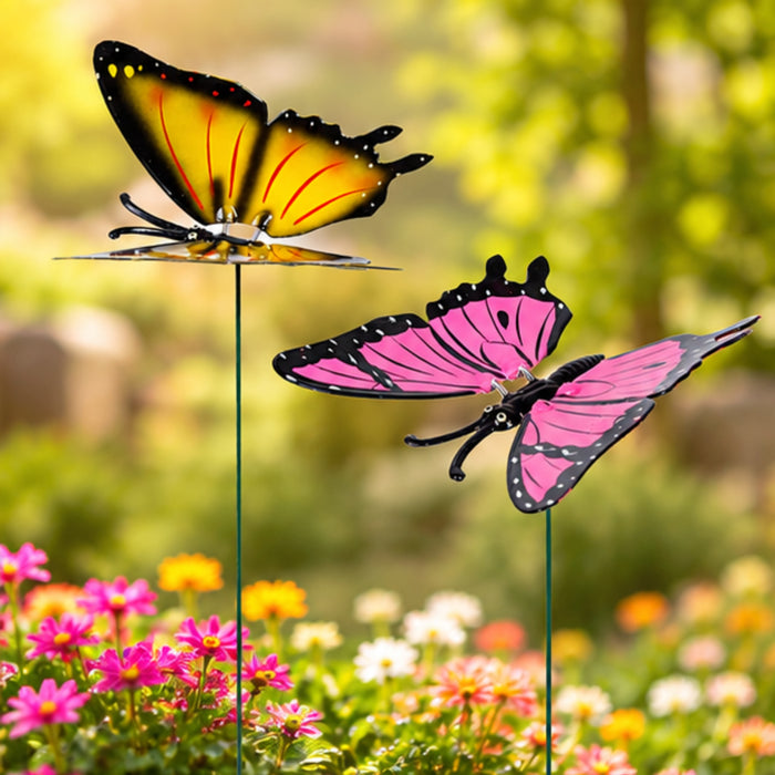 Big Butterfly Garden Sticks Pink & Yellow – Set of 2 or Set of 4
