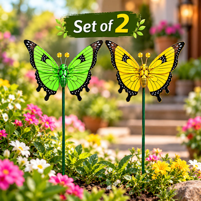 Set of 2 Decorative Butterfly Garden Sticks – Green & Yellow Butterfly Garden Stakes for Outdoor Décor