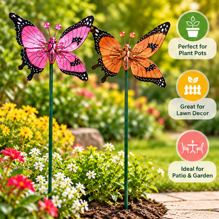 Colorful Metal Butterfly Garden Stakes – Set of 2 or Set of 4