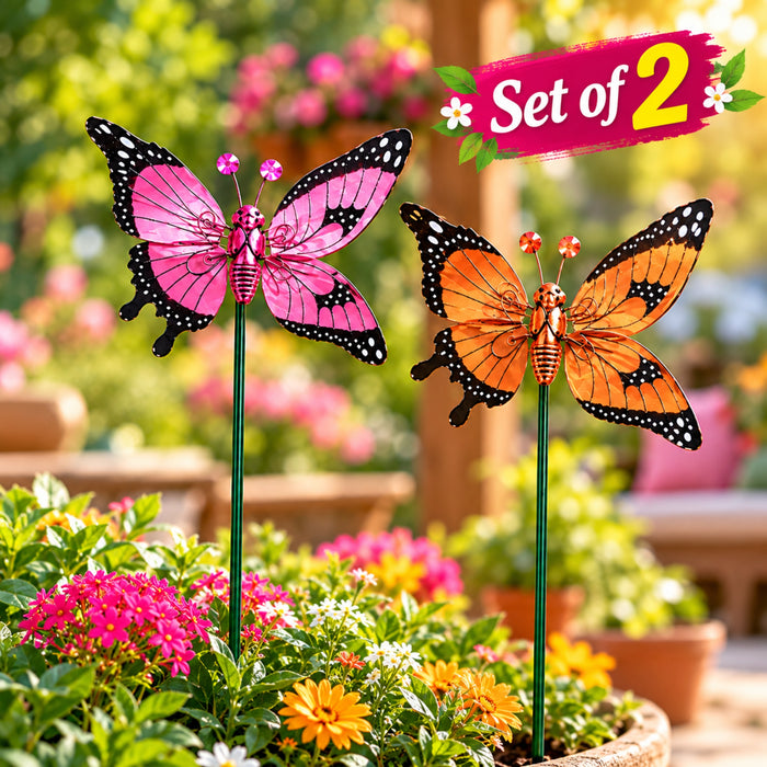 Colorful Metal Butterfly Garden Stakes – Set of 2 or Set of 4