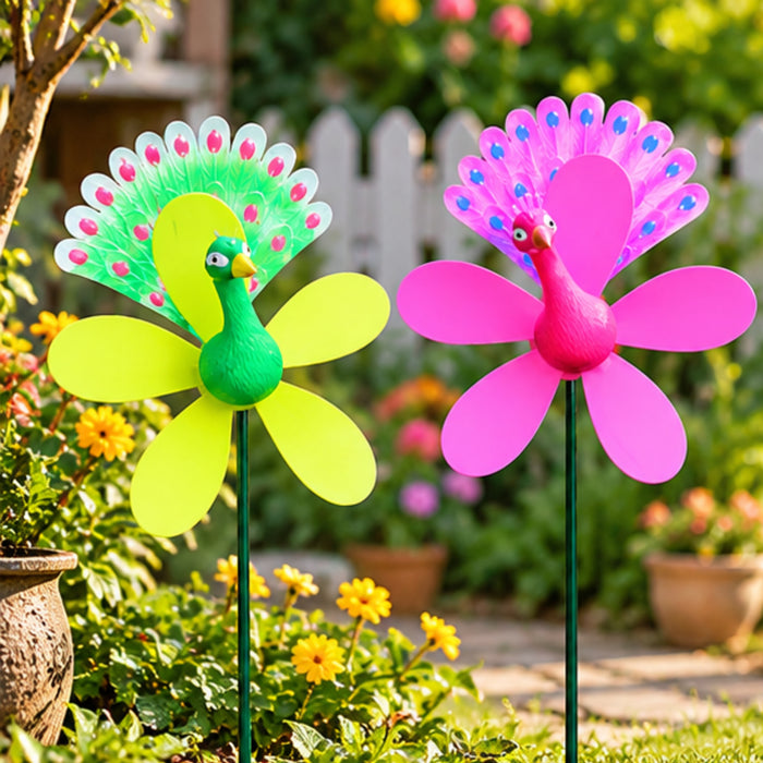 Peacock Windmill Garden Stakes – Set of 2 or Set of 4
