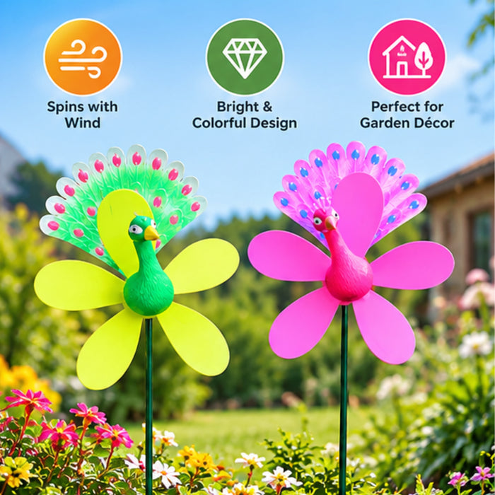 Peacock Windmill Garden Stakes – Set of 2 or Set of 4