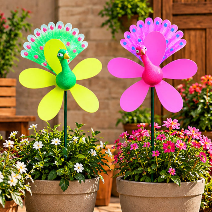 Peacock Windmill Garden Stakes – Set of 2 or Set of 4