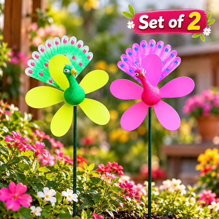 Peacock Windmill Garden Stakes – Set of 2 or Set of 4