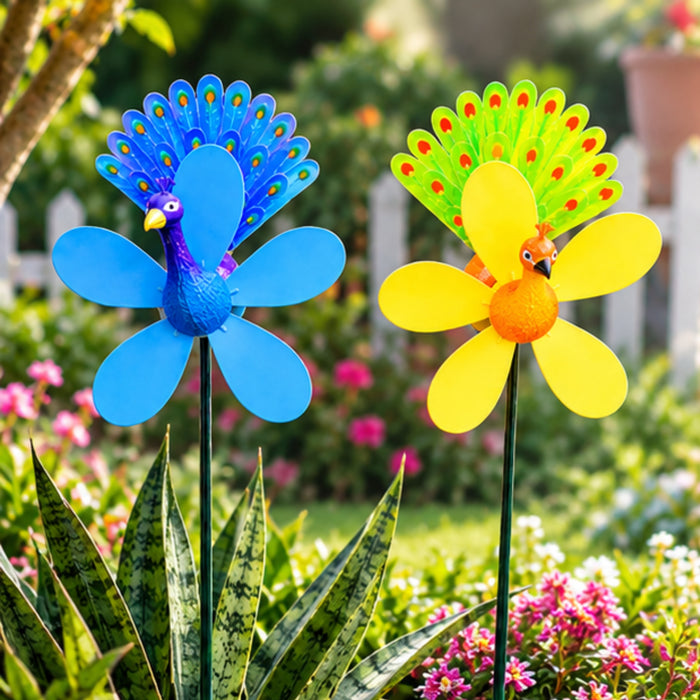 Peacock Windmill Garden Stakes – Set of 2 or Set of 4