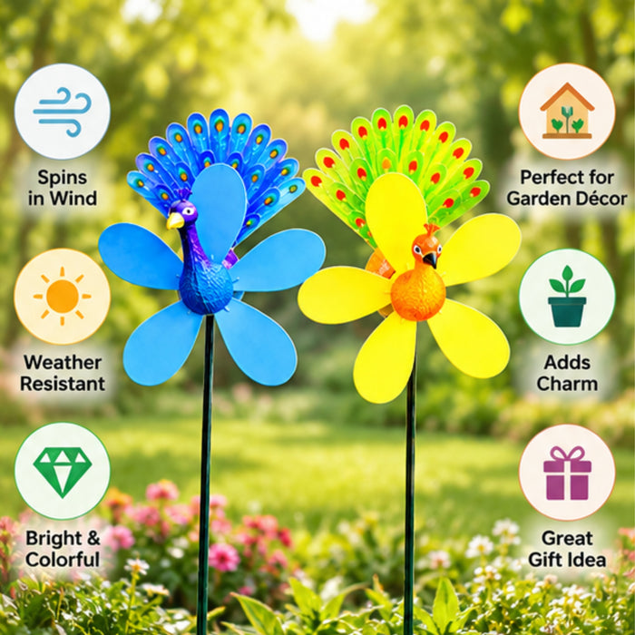 Peacock Windmill Garden Stakes – Set of 2 or Set of 4
