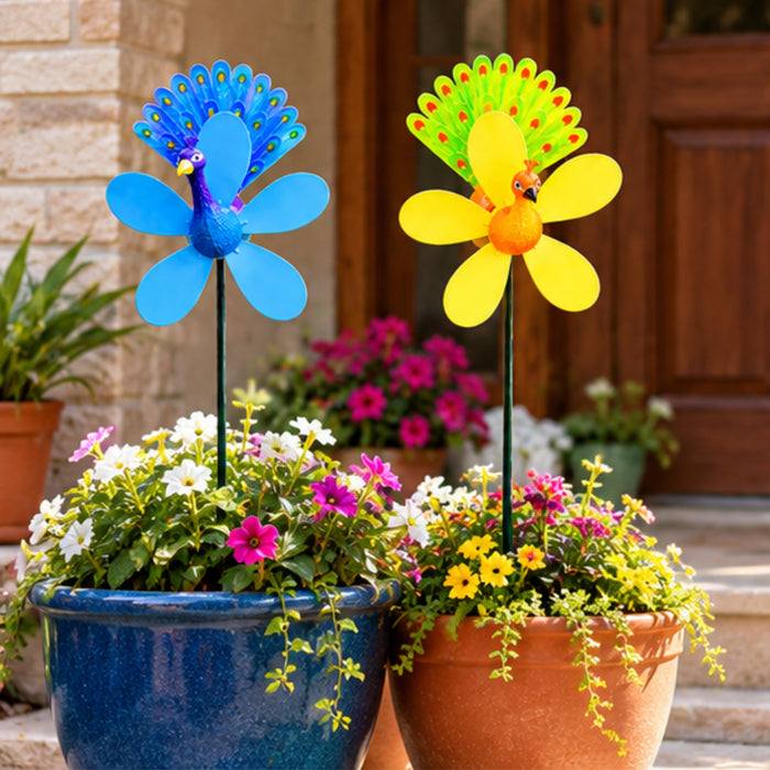 Peacock Windmill Garden Stakes – Set of 2 or Set of 4