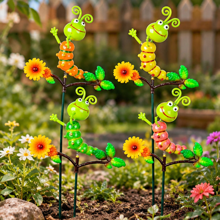 Set of 4 Colorful Caterpillar Garden Sticks | Metal Garden Plant Stakes with Flower & Leaf Design