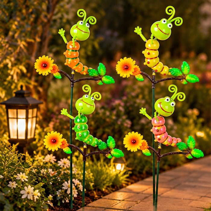 Set of 4 Colorful Caterpillar Garden Sticks | Metal Garden Plant Stakes with Flower & Leaf Design