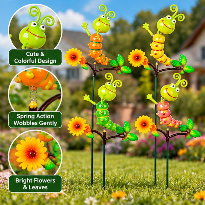 Set of 4 Colorful Caterpillar Garden Sticks | Metal Garden Plant Stakes with Flower & Leaf Design