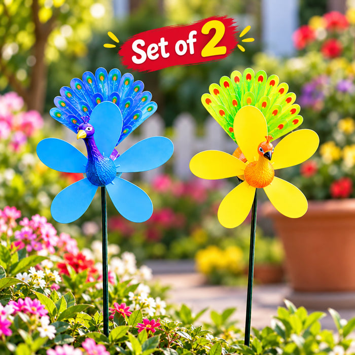 Peacock Windmill Garden Stakes – Set of 2 or Set of 4