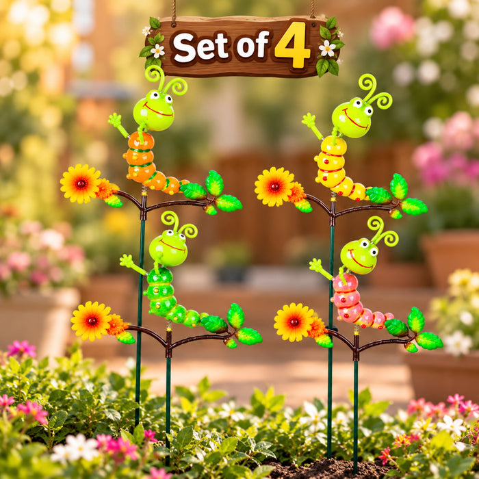 Set of 4 Colorful Caterpillar Garden Sticks | Metal Garden Plant Stakes with Flower & Leaf Design
