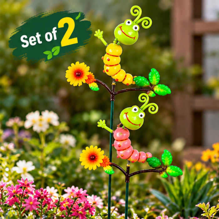 Set of 2 Colorful Caterpillar Garden Sticks – Decorative Garden Plant Stakes with Flowers & Leaves