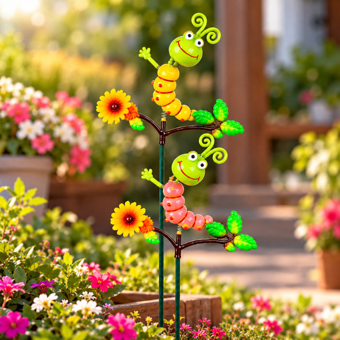Set of 2 Colorful Caterpillar Garden Sticks – Decorative Garden Plant Stakes with Flowers & Leaves