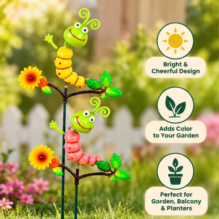 Set of 2 Colorful Caterpillar Garden Sticks – Decorative Garden Plant Stakes with Flowers & Leaves