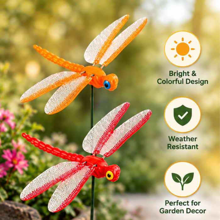 Colorful Dragonfly Garden Stakes – Set of 2 or Set of 4 | Decorative Insect Plant Sticks