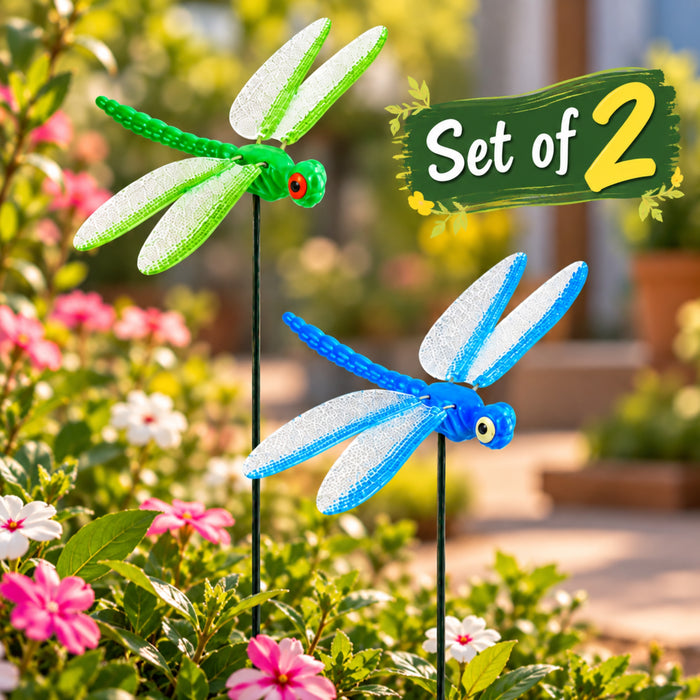 Set of 2 Colorful Dragonfly Garden Stakes – Decorative Garden Insect Plant Sticks