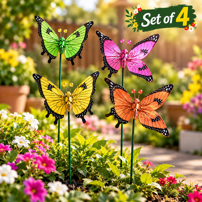 Colorful Metal Butterfly Garden Stakes – Set of 2 or Set of 4