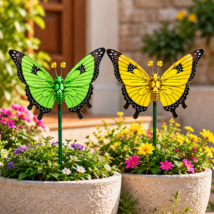 Set of 2 Decorative Butterfly Garden Sticks – Green & Yellow Butterfly Garden Stakes for Outdoor Décor