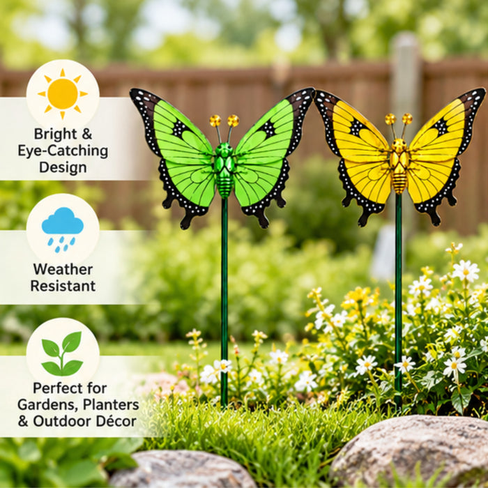 Set of 2 Decorative Butterfly Garden Sticks – Green & Yellow Butterfly Garden Stakes for Outdoor Décor