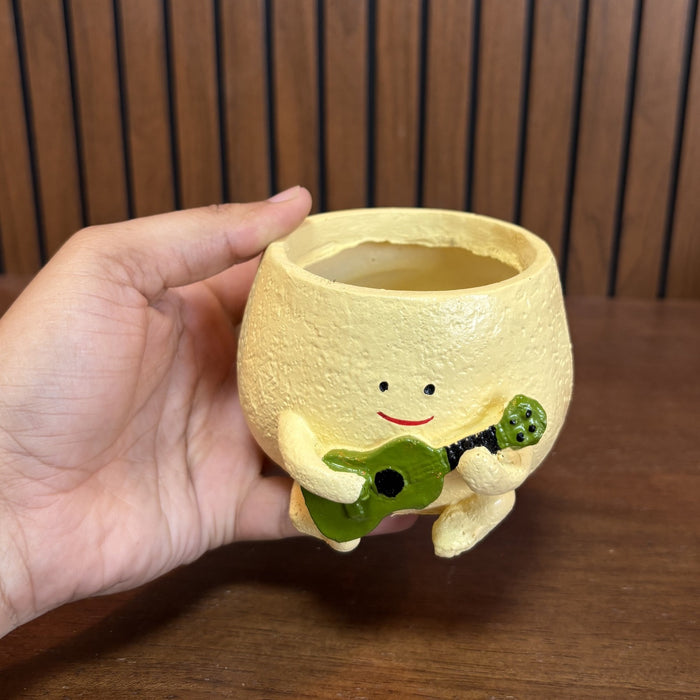 Musical Character Planter – Yellow Pot with Green Guitar