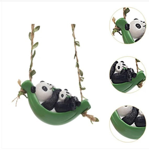 Mini Hanging Garden Pandas – Mother & Baby Panda on a Bamboo Leaf Swing Decor