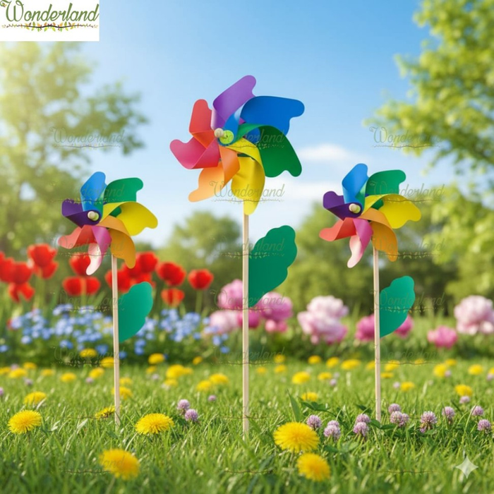 Three colorful rainbow pinwheels on wooden sticks standing in a lush green garden