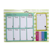 A weekly planner set with a light green striped background. It features a teal weekly planning pad with floral illustrations, a yellow-bordered to-do list notepad, and four colorful sticky note tabs in pink, striped, blue, and green.