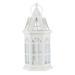 A decorative white metal lantern with a steeple-style roof and glass window panels, containing a small glowing yellow LED candle inside.