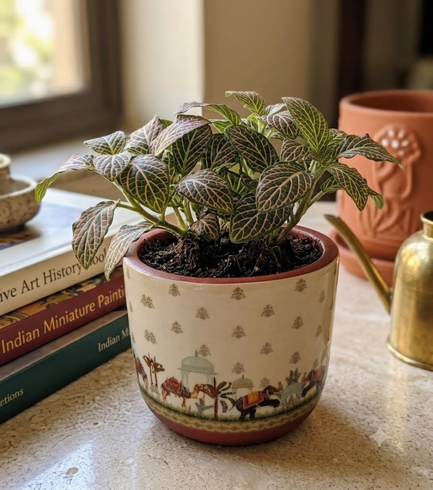 Handpainted terracotta plant pot featuring traditional Indian art and cultural motifs