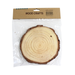 A circular, unfinished natural wood slice with distinct concentric growth rings and a dark, textured bark edge, presented in clear plastic packaging with a brown "WOOD CRAFTS" label.