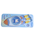 A blue rectangular metal pencil box with a cartoon rocket ship design and a circular liquid-filled window in the center containing a floating astronaut figure.