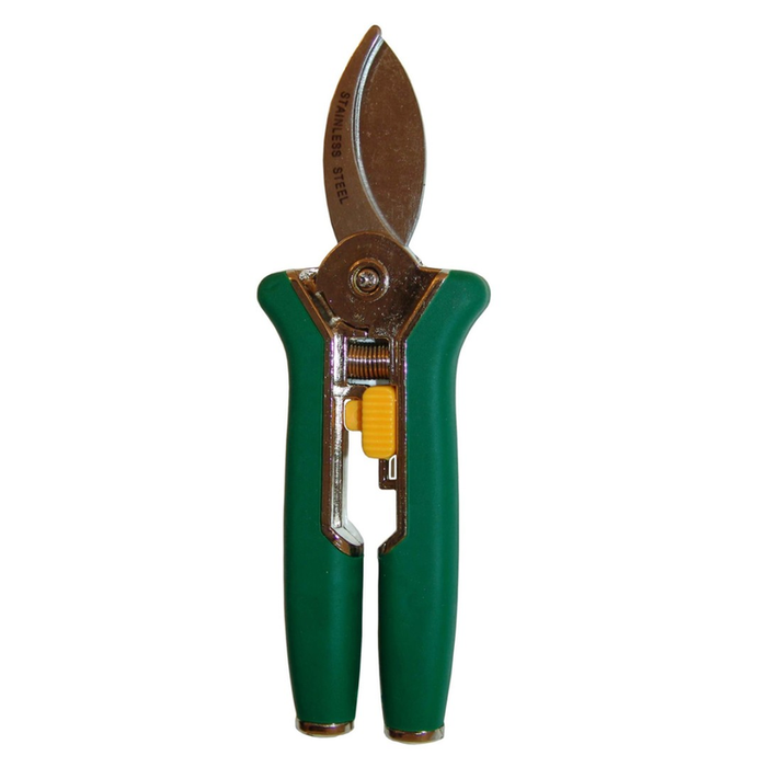 Stainless steel garden pruning shears with green ergonomic handles and a yellow safety locking mechanism