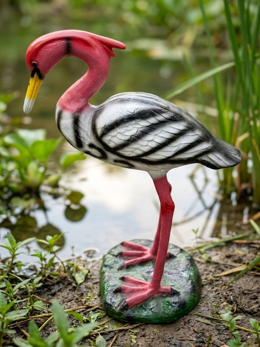 Handcrafted resin crane garden statue with vibrant red head and long bill standing on a textured green base outdoors