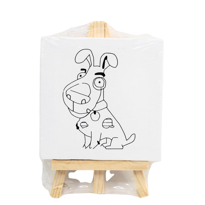 A small square canvas featuring a line-art drawing of a cartoon dog sitting on a light-colored wooden display easel, packaged in clear plastic.
