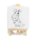 A small square canvas featuring a line-art drawing of a cartoon dog sitting on a light-colored wooden display easel, packaged in clear plastic.