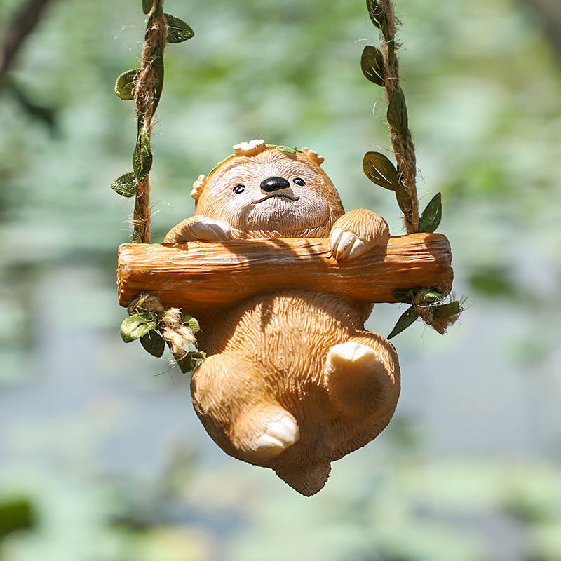 Cute Sloth on a Swing Statue, Hanging Resin Animal Figurine for Indoor/Outdoor Garden Decor