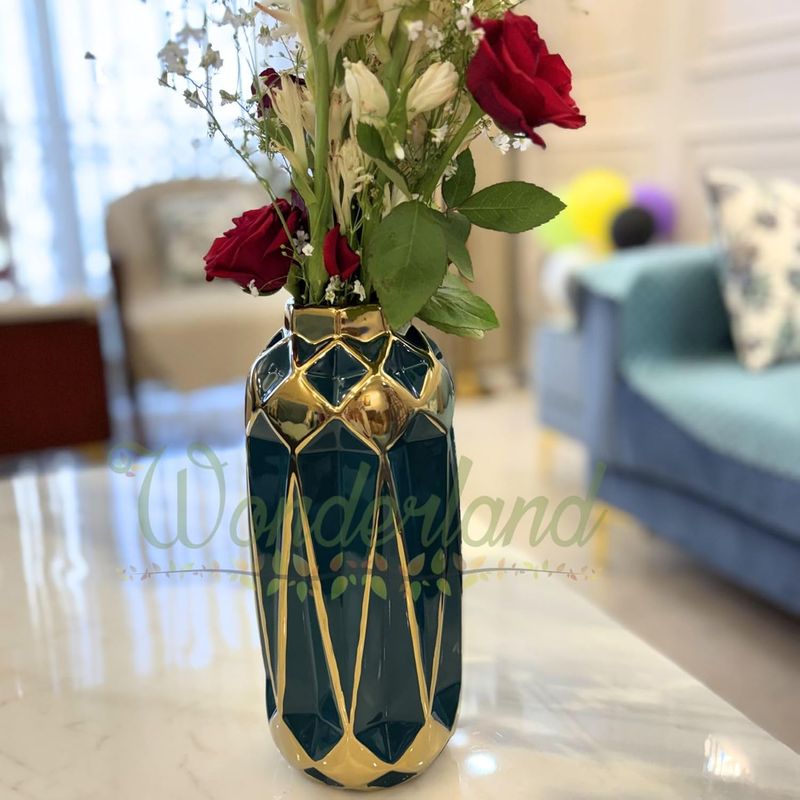 Ceramic Vase with Golden Geometric Design 