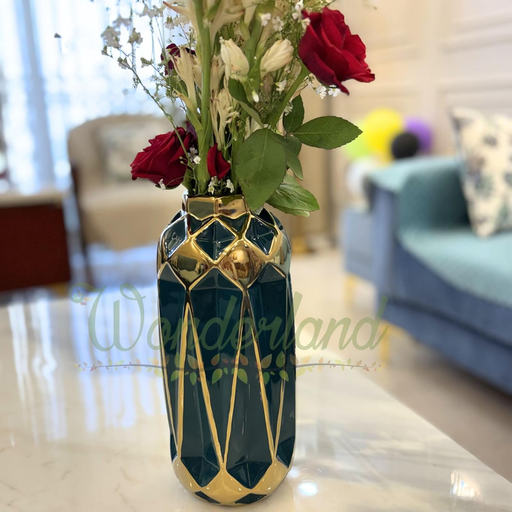 Ceramic Vase with Golden Geometric Design | Modern Decorative Tabletop Vase for Living Room | Office & Home | Stylish White & Gold Flower Vase 