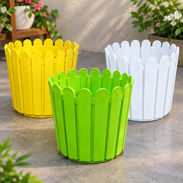 Set of 3 picket fence style plastic planter pots in green yellow and white