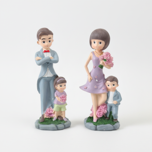 Two  resin figurines featuring a four-member family: a father in a grey suit, a mother in a purple floral dress, and two children holding pink roses, set on a white background.